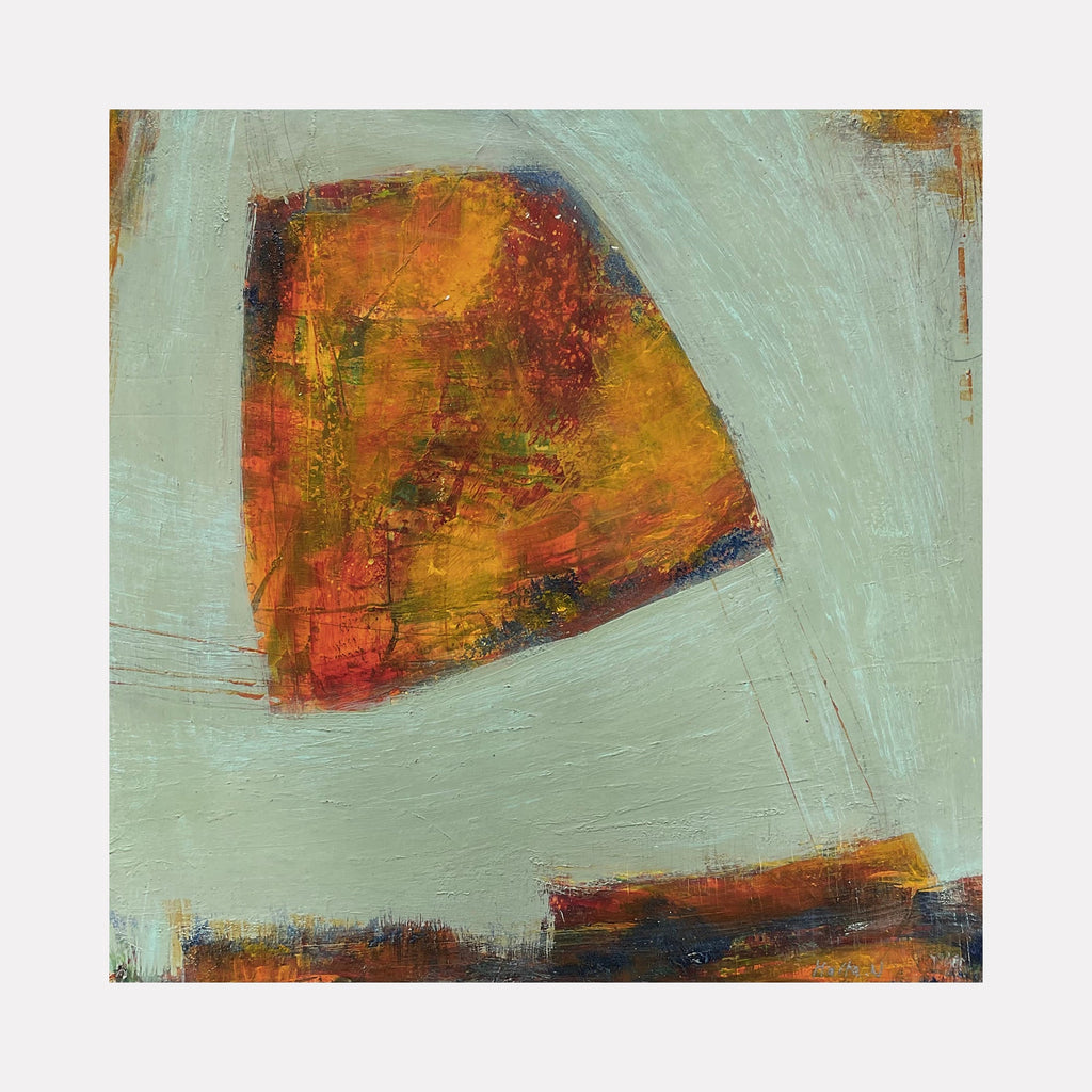 The artwork 'Thinking about differences 3' by Marta Nowicka features an abstract composition with a striking orange and red quarter-circle shape against a serene mint green background. Textured acrylic brushstrokes create depth and movement, with subtle dark undertones and rustic edges. A small horizontal element in similar warm tones anchors the bottom of the 12x12 inch panel.