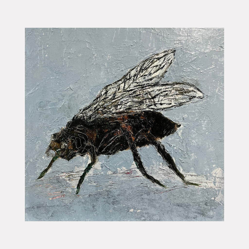 The artwork 'Super Fly' by Andrew Chan features a dramatic black fly rendered in textured oil and wax on board. The insect is portrayed against a muted grey background with visible brushstrokes and texture. The fly's translucent wings and detailed body create a striking contrast, while the impasto technique adds depth and dimension to this 12x12 inch contemporary piece by Andrew Chan.