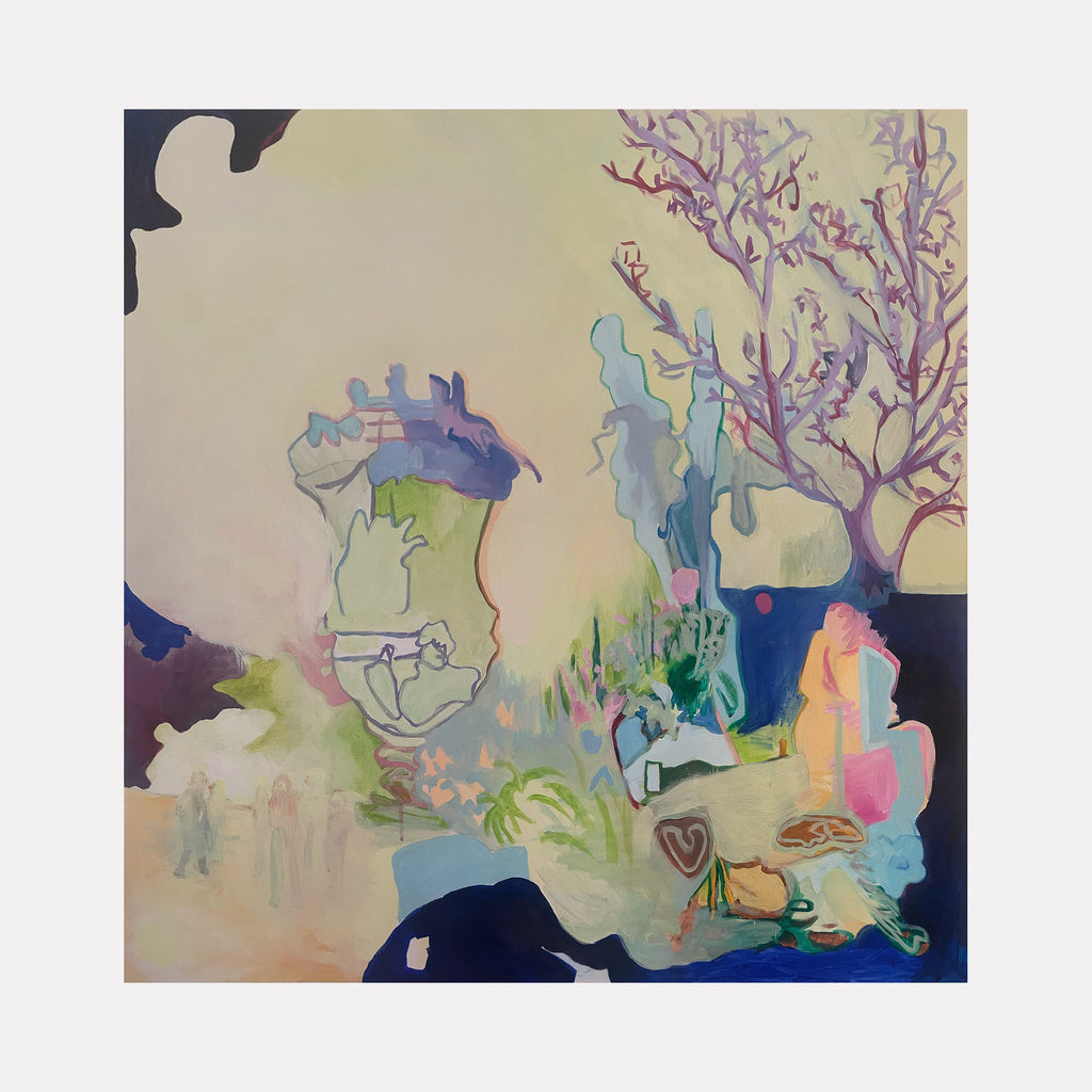The artwork 'Campfire Stories' by Ellery Harkness features a dreamlike abstract landscape rendered in soft watercolor-like acrylics. Ethereal shapes in pastel blues, pinks, and greens flow across the canvas, suggesting figures gathered around subtle warm elements. A delicate tree with purple branches emerges against a creamy background, while organic forms create a mystical narrative composition. 36x36 acrylic on canvas by Ellery Harkness.