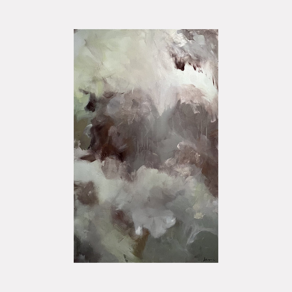 The artwork 'Chocolate' by Kyria Fortina features dynamic brushstrokes in rich brown and soft cream tones creating an abstract cloudlike formation. The acrylic painting on stretched canvas showcases a moody atmospheric effect with dramatic contrasts between light and dark areas, displaying a fluid, ethereal quality reminiscent of storm clouds in motion. 48x30 inches by Kyria Fortina.