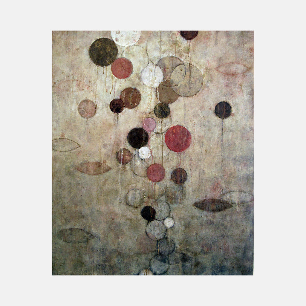 The artwork 'Connection 3' by Sonomi Kobayashi features floating circular shapes in muted tones of red, black, white, and gray against a textured beige and blue background. Delicate lines connect the circles creating an ethereal, abstract composition with subtle fish-like forms swimming through the mystical arrangement. Oil on canvas, 36x28 inches.