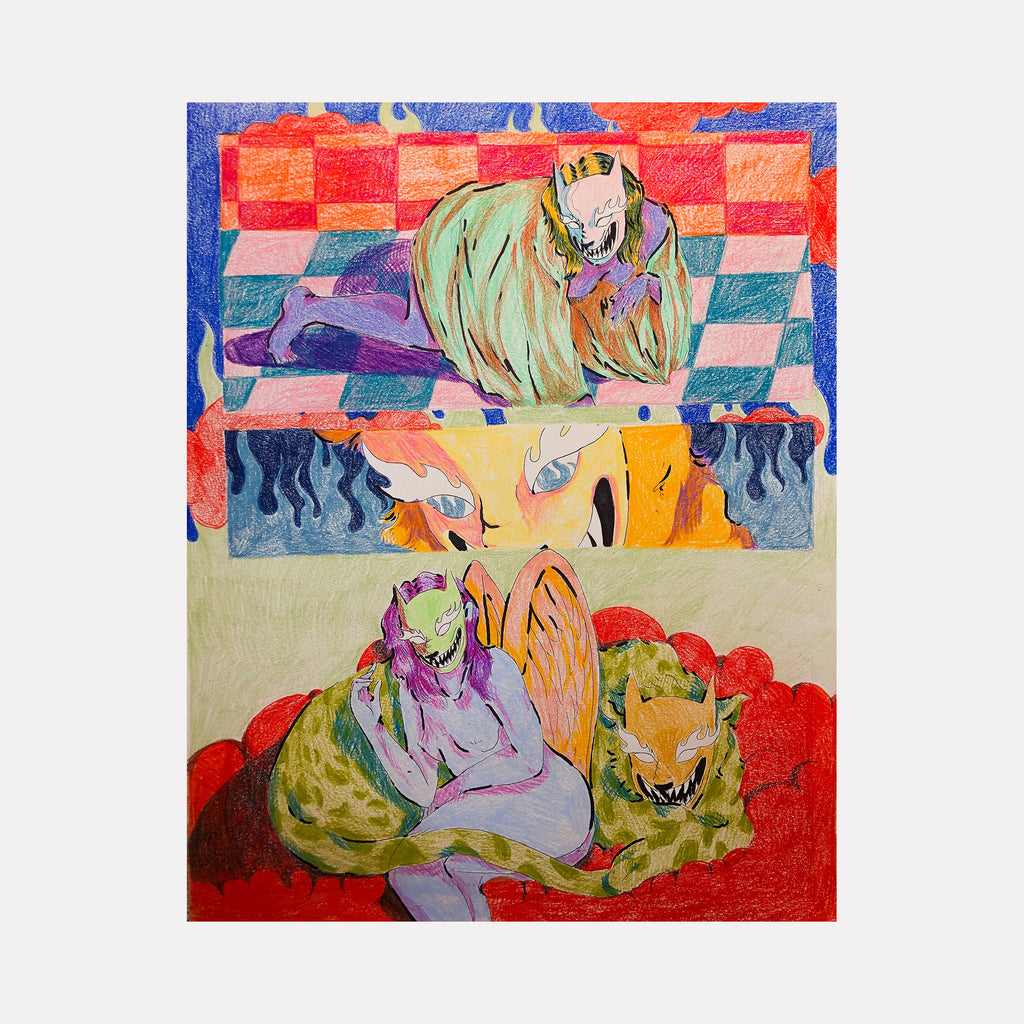 The artwork 'Nightmares of the Angelic Sort' by Eriko Hattori features surreal feline figures rendered in vibrant colored pencil and pen. Set against a checkered background and red foreground, the piece depicts dreamy cat-like beings in mint green, lavender, and yellow hues. The composition showcases a whimsical, fantasy-inspired illustration style with flowing lines and ethereal textures.