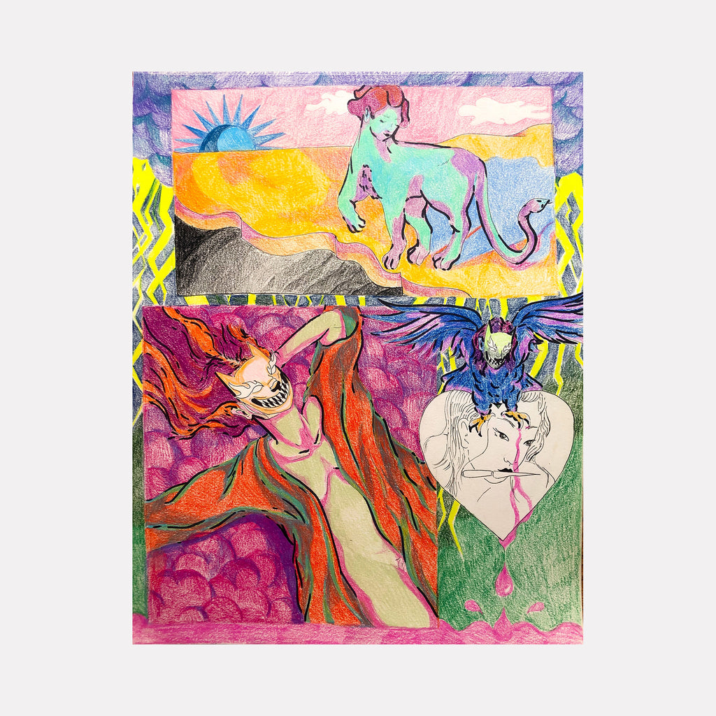 The artwork 'Otherworldly Missed Connections' by Eriko Hattori features a vibrant surreal landscape with a mint-colored celestial creature floating above mountains against a yellow and blue sky. Below, abstract forms in magenta and orange sweep across the composition, alongside a heart motif. Created in colored pencil and pen with a psychedelic, dreamlike quality.