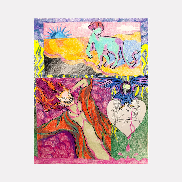 The artwork 'Otherworldly Missed Connections' by Eriko Hattori features a vibrant surreal landscape with a mint-colored celestial creature floating above mountains against a yellow and blue sky. Below, abstract forms in magenta and orange sweep across the composition, alongside a heart motif. Created in colored pencil and pen with a psychedelic, dreamlike quality.