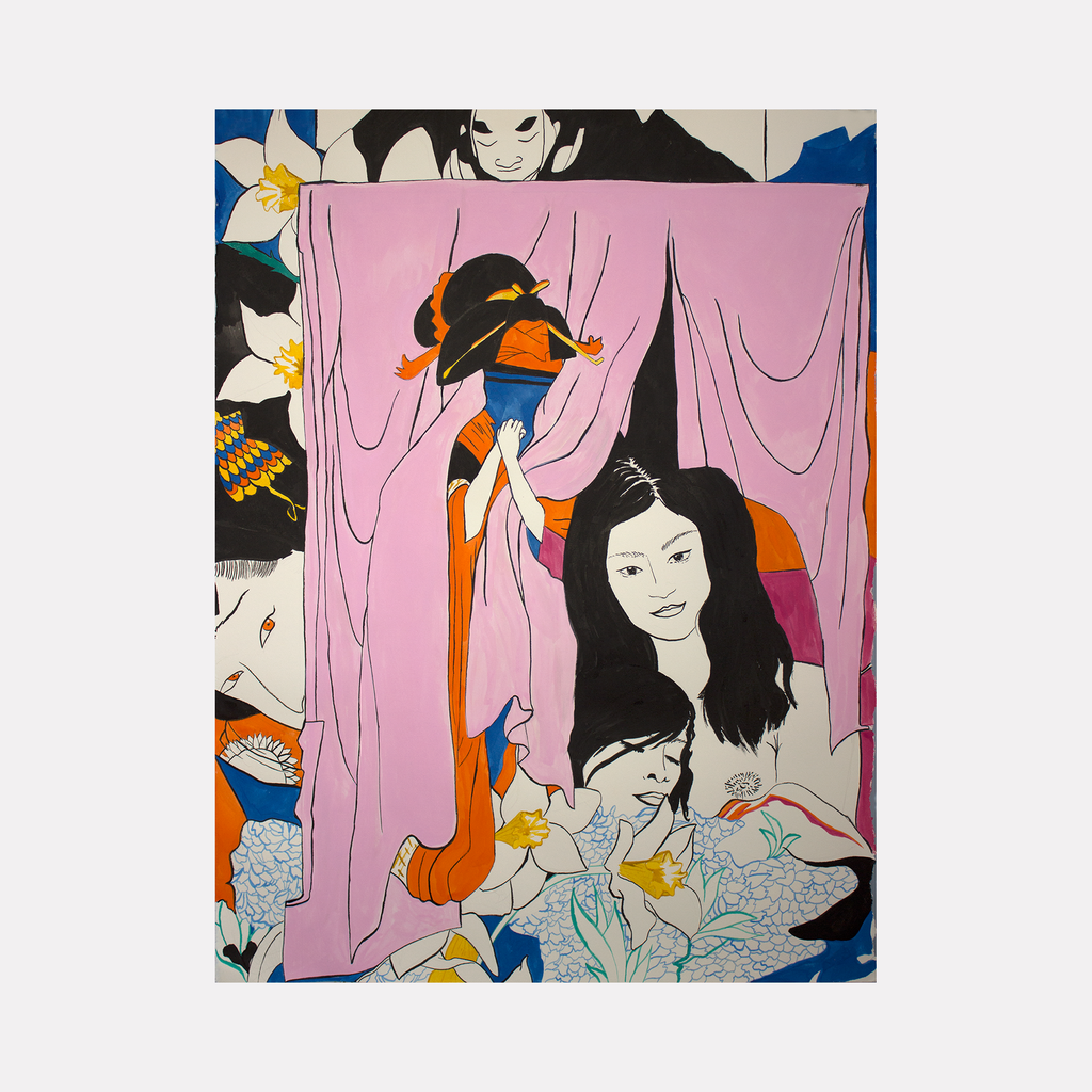 The artwork 'Pinks' by Eriko Hattori features a vibrant contemporary illustration with a pink backdrop and flowing curtain-like drapery. Stylized figures appear against floral elements in blue, orange, and yellow hues. The composition showcases a distinctive manga-inspired aesthetic, rendered in bold ink strokes on paper, combining traditional Eastern and modern artistic elements.