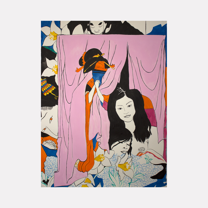 The artwork 'Pinks' by Eriko Hattori features a vibrant contemporary illustration with a pink backdrop and flowing curtain-like drapery. Stylized figures appear against floral elements in blue, orange, and yellow hues. The composition showcases a distinctive manga-inspired aesthetic, rendered in bold ink strokes on paper, combining traditional Eastern and modern artistic elements.