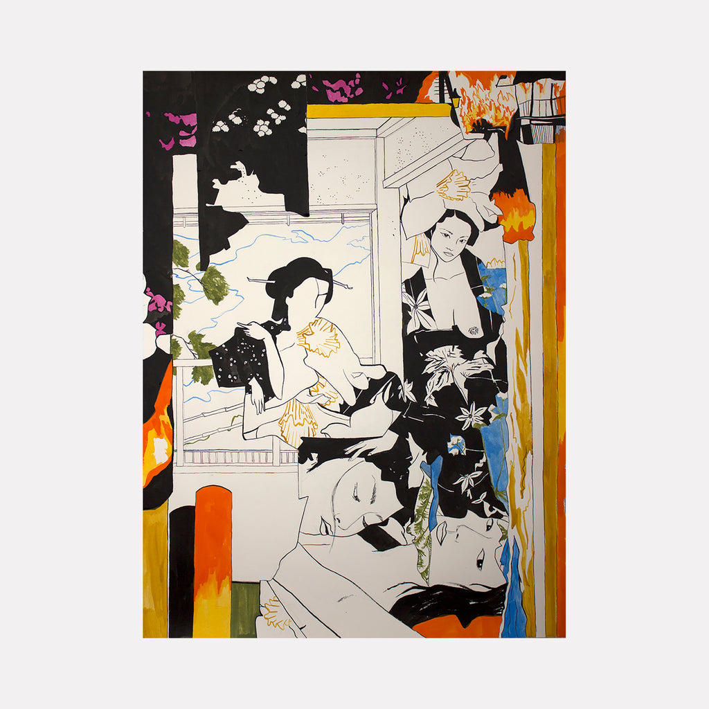 The artwork 'Tendencies' by Eriko Hattori features a striking ink composition on paper with traditional Japanese-inspired illustrations in black and white, accented with vibrant orange, blue, and pink florals. The piece combines elegant line work with abstract color blocks, creating a dynamic contemporary interpretation of classic Asian artistic elements. By Eriko Hattori.