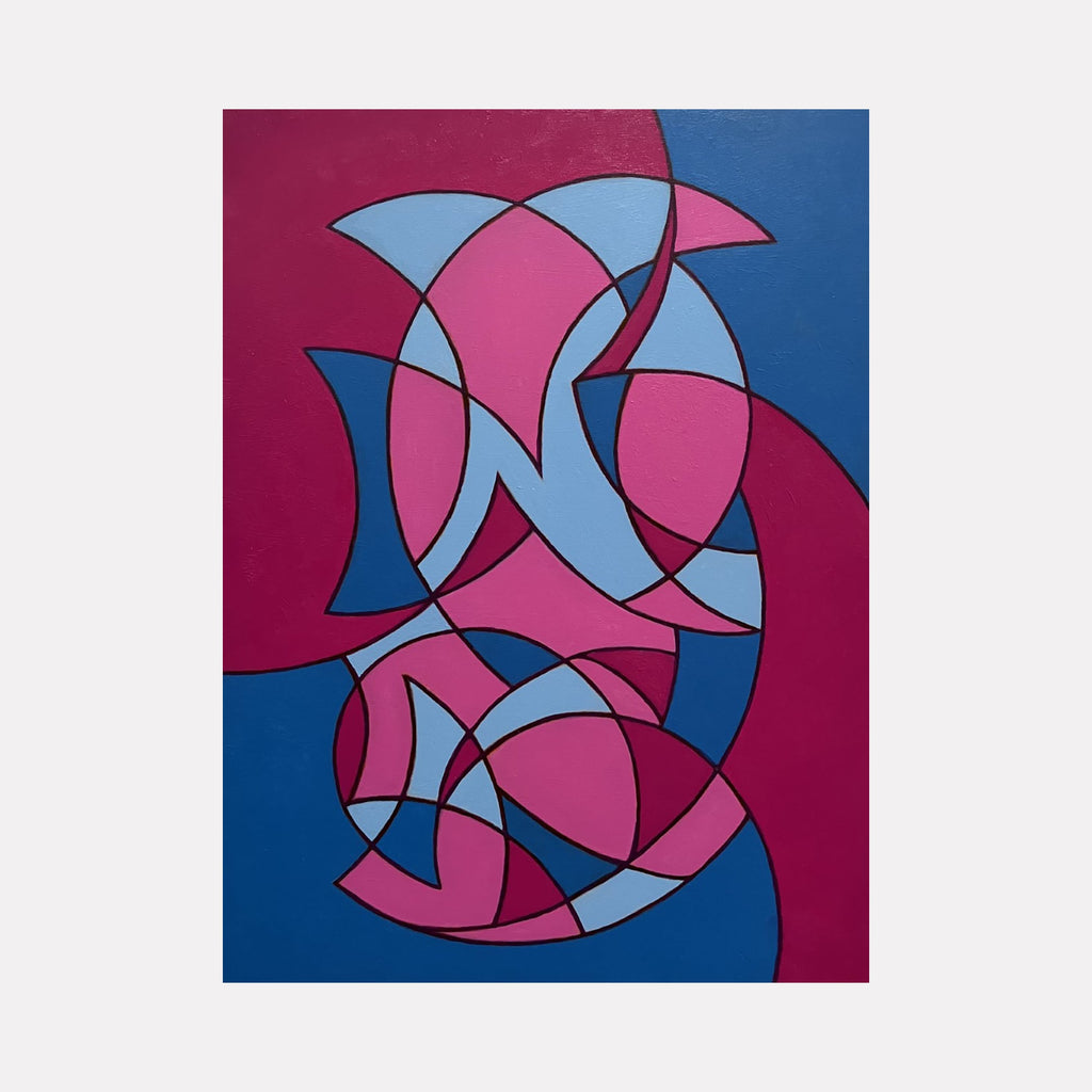 The artwork 'Fool's Remedy' by Joe Piscopia features an abstract geometric composition with intersecting curved shapes in vibrant magenta, royal blue, and light blue. The shapes create a dynamic, puzzle-like pattern reminiscent of stained glass, painted in acrylic on a cradled panel with clean, precise lines.
