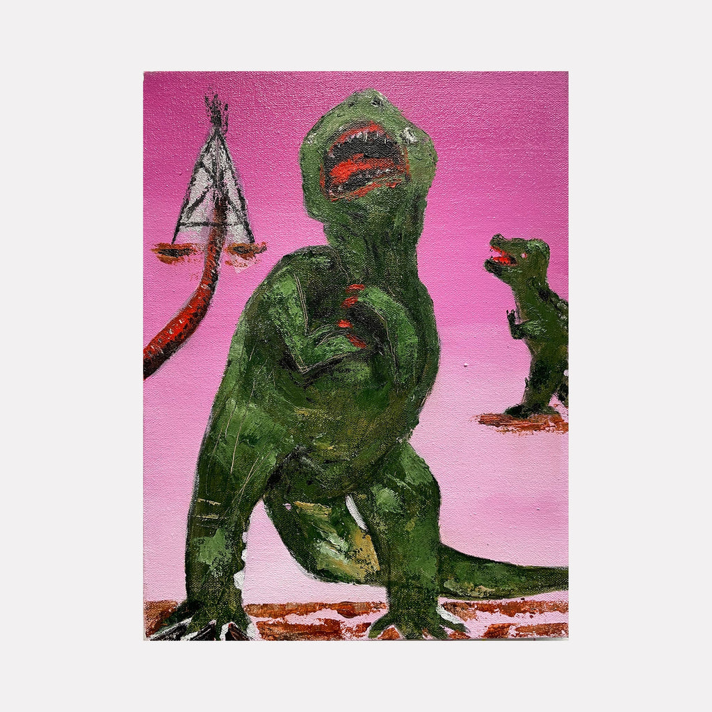 The artwork 'Green Rex' by Andrew Chan features a whimsical dinosaur painting with a vibrant green T-Rex against a bold pink background. The textured acrylic strokes create a playful, primitive style with rough edges and expressive detailing. A teepee sketch and smaller dinosaur figure complement the main subject on the 12x9 inch canvas.
