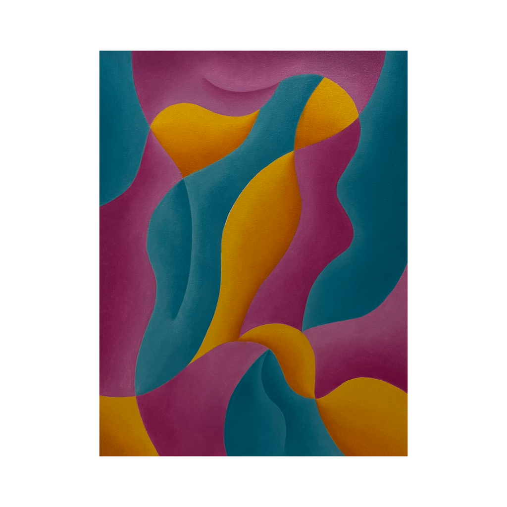 The artwork 'Healing Heart' by Joe Piscopia features flowing abstract curves in vibrant teal, magenta, and golden yellow. The organic shapes create a dynamic composition with smooth, undulating forms that interweave across the oil on canvas surface, suggesting movement and emotional energy. The contrasting colors and fluid lines produce a harmonious contemporary design.