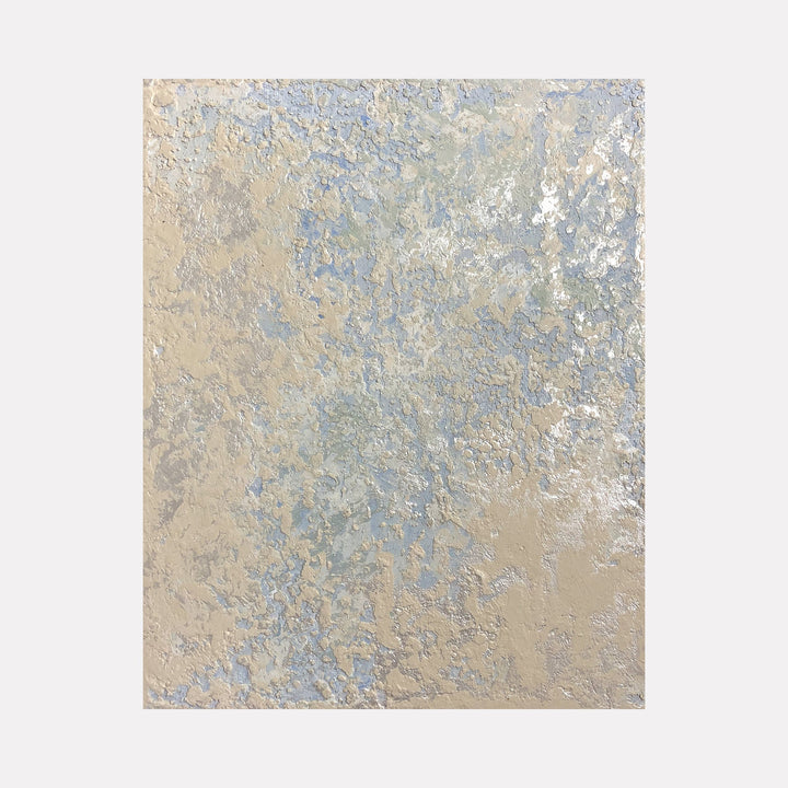 The artwork 'Satin' by Jacqueline Ferrante features a textured abstract composition with ethereal blending of soft beige and powder blue tones. Iridescent pigments create a shimmering, pearlescent effect across the textured acrylic surface, resembling weathered marble or aged patina. The 10x8 inch board showcases a delicate interplay of matte and glossy finishes.