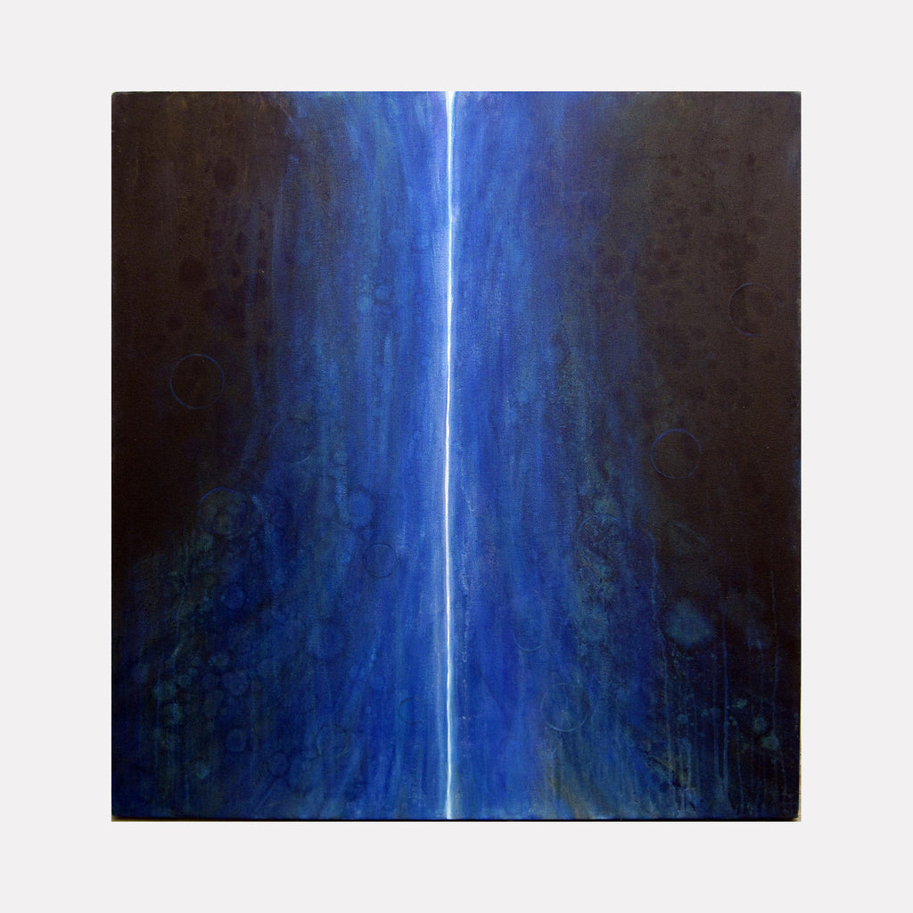 The artwork 'Message 1' by Sonomi Kobayashi features a striking vertical beam of bright white light splitting the canvas through deep cobalt blue gradients. Dark shadows frame the composition, creating a dramatic waterfall-like effect against a textured background. Oil on canvas, displaying ethereal luminosity through abstract expressionist techniques.
