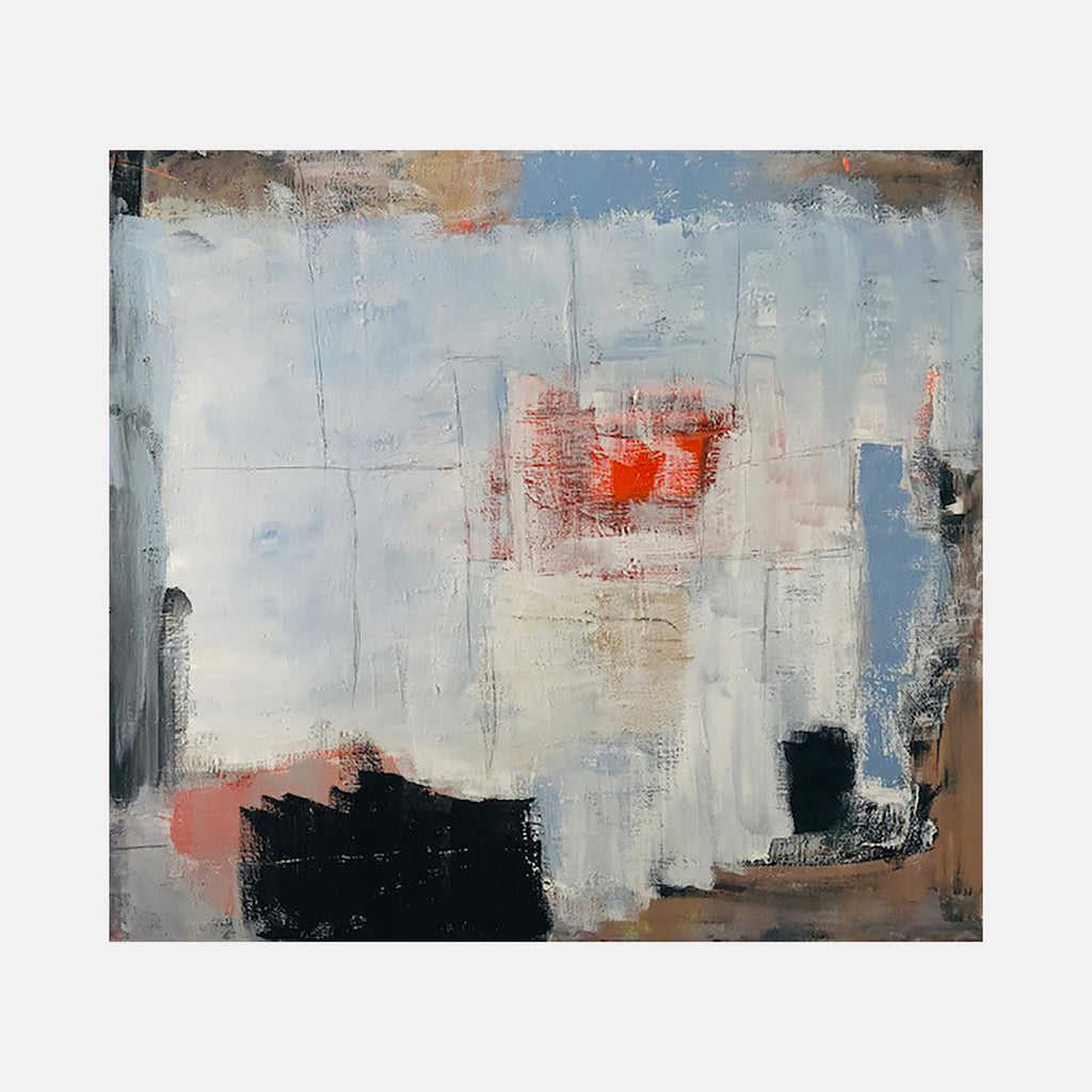 The artwork 'Meditation in an Emergency' by Petra Nimtz features an abstract expressionist composition with bold geometric forms. Textured brushstrokes create a muted palette of pale blues and whites, punctuated by a striking coral-red focal point and deep black shapes. The oil on linen painting showcases layered, weathered surfaces and architectural elements through dynamic spatial relationships. - Petra Nimtz