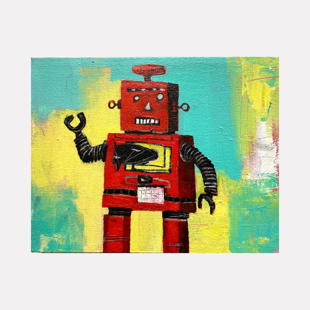 The artwork 'Red Robot' by Andrew Chan features a retro-style robot painted in vibrant crimson against a dynamic turquoise and yellow background. The acrylic painting showcases a whimsical mechanical figure with angular components, black accordion-style arms, and a distinctive square head with vintage control panel details, creating a nostalgic yet contemporary 15x25 inch canvas piece.
