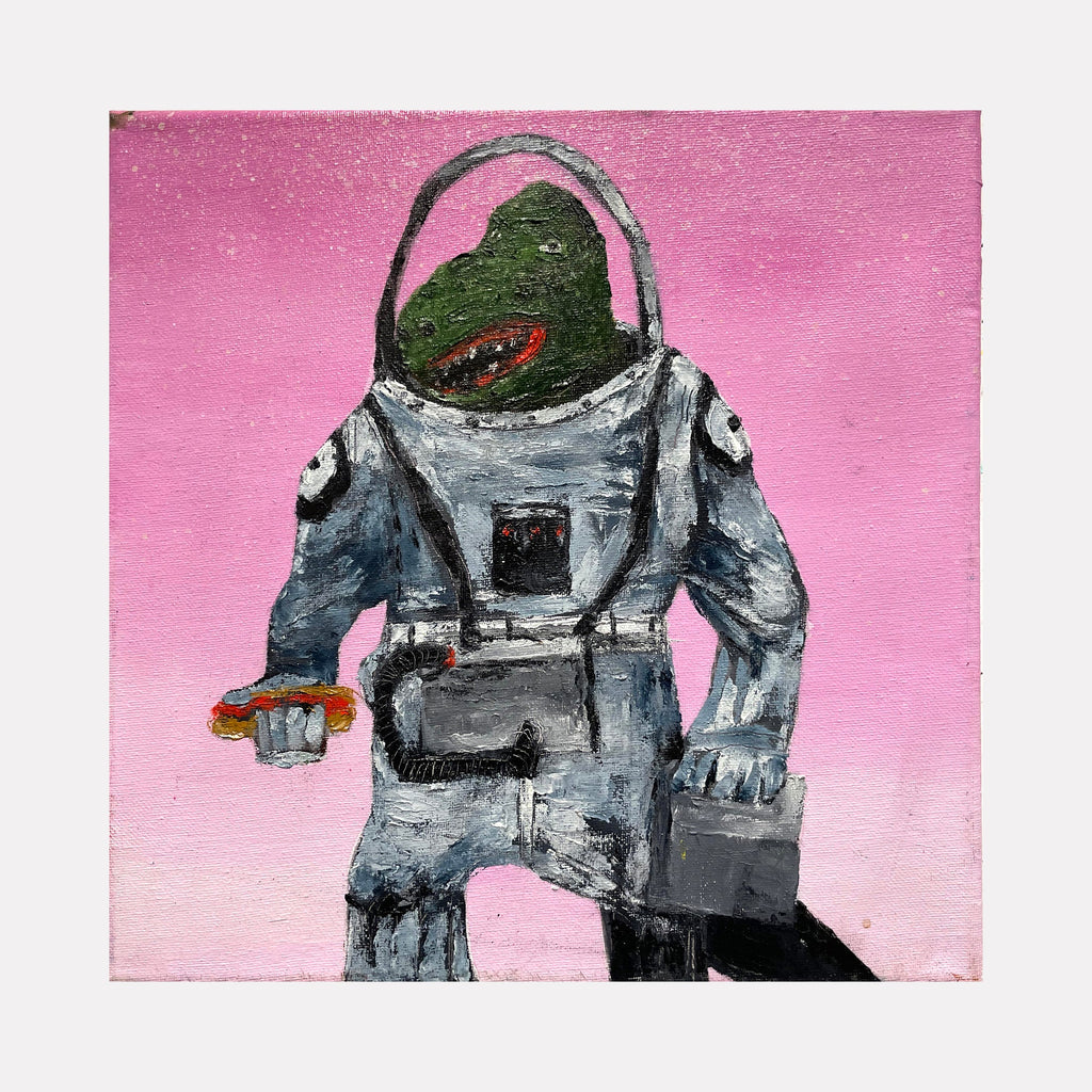 The artwork 'Space Rex' by Andrew Chan features a whimsical T-Rex dinosaur wearing a detailed astronaut spacesuit, painted against a vibrant pink background. The acrylic painting depicts the metallic grey spacesuit with careful attention to shadowing and texture, while the dinosaur's green head and orange details create a playful contrast. 12x12 inches acrylic on canvas by Andrew Chan.