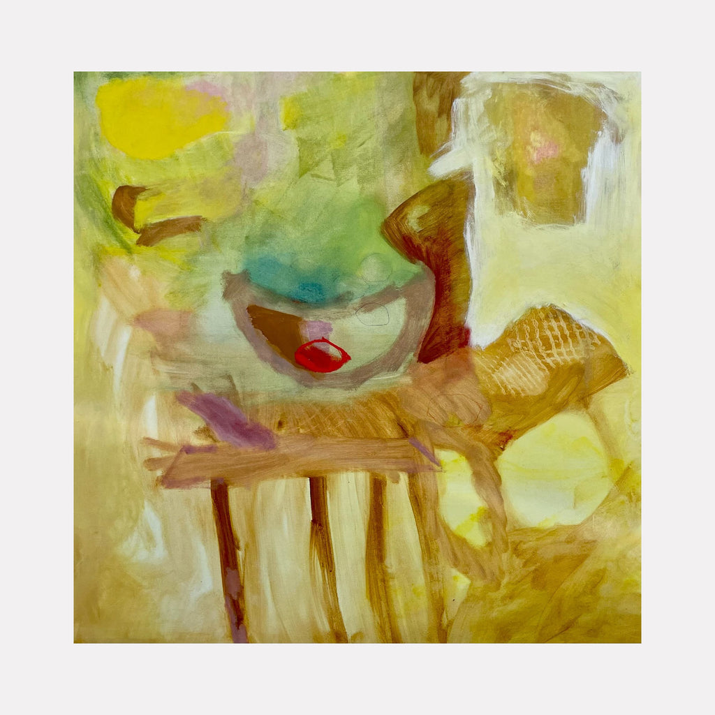 The artwork 'Spots Here and There That Shine' by Lauren Orscheln features abstract shapes in vibrant yellows and earthy browns, with splashes of turquoise and pink accents. Oil and pastel strokes create a dynamic composition on canvas, blending organic forms with gestural brushwork in a warm, ethereal atmosphere. The 36x36 inch painting showcases textural elements and fluid movement throughout.