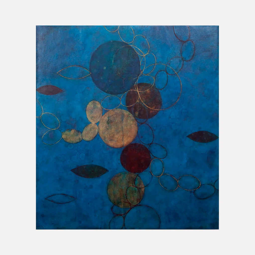 The artwork 'Synchronicity' features floating circular forms in muted gold, burgundy, and deep blue against a rich azure background. Delicate interlocking linear patterns create an ethereal chain-like effect, while organic leaf shapes drift throughout the composition. Oil on linen texture adds depth and luminosity. By Sonomi Kobayashi.