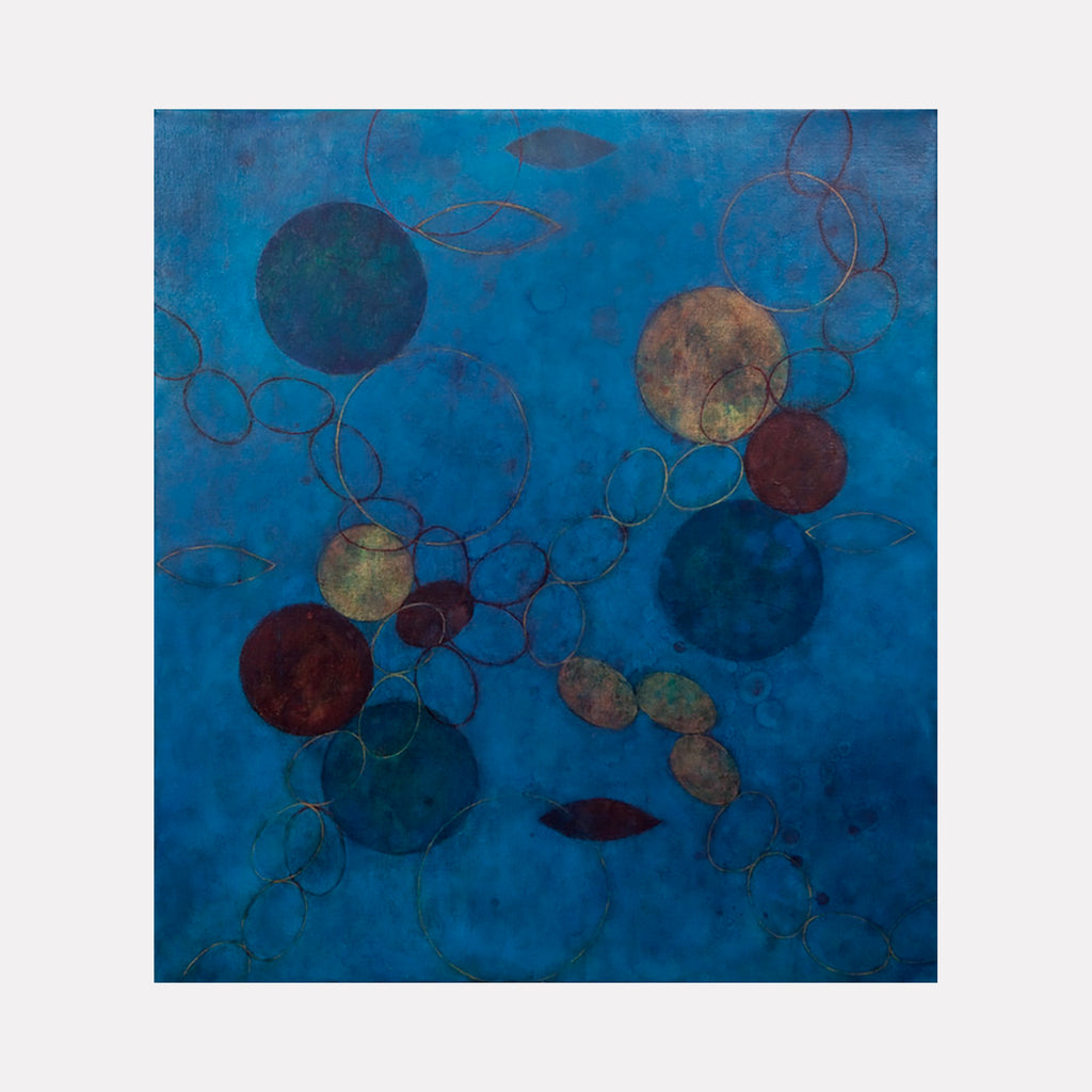 The artwork 'Synchronicity 71' features interconnected circular forms floating on a deep azure background. Multiple spheres in varying sizes appear in rich burgundy, metallic bronze, and deep blue tones, connected by delicate linear threads. The abstract composition creates a celestial, floating effect on oil-painted linen canvas. By Sonomi Kobayashi.