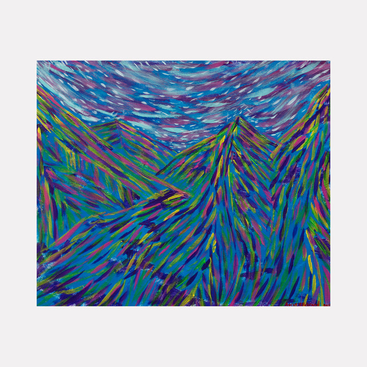 The artwork 'Teal Magenta Yellow Mountain' by Aaron Hillebrand features a vibrant abstract mountain landscape rendered in dynamic brushstrokes. Bold teal and magenta strokes create sweeping diagonal lines across the canvas, with yellow accents adding energy. A swirling sky of blue and purple brushwork crowns the mountainous forms, creating a sense of movement in this 20x24 inch acrylic painting by Aaron Hillebrand.