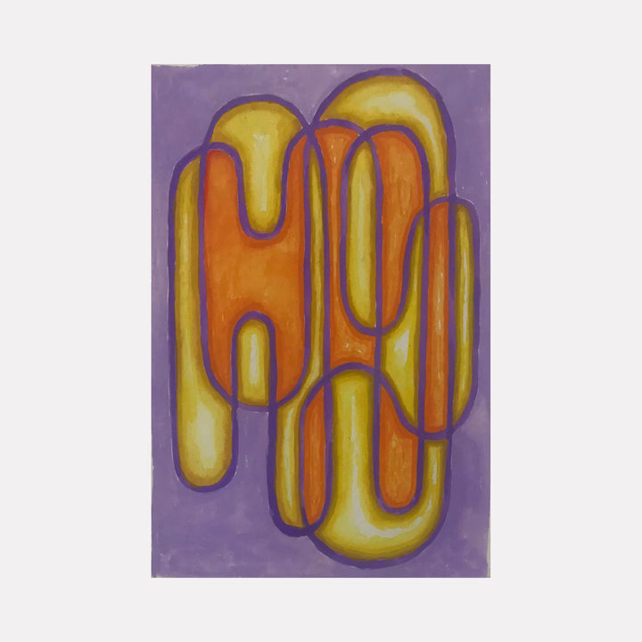 The artwork 'The Sun's Dwelling' by Joe Piscopia features abstract organic shapes in vibrant yellow and orange tones against a purple background. The watercolor painting depicts floating, elongated forms reminiscent of melting sunlight, creating a fluid and dreamlike composition. The shapes appear to glow with gradient effects, showcasing masterful watercolor technique.