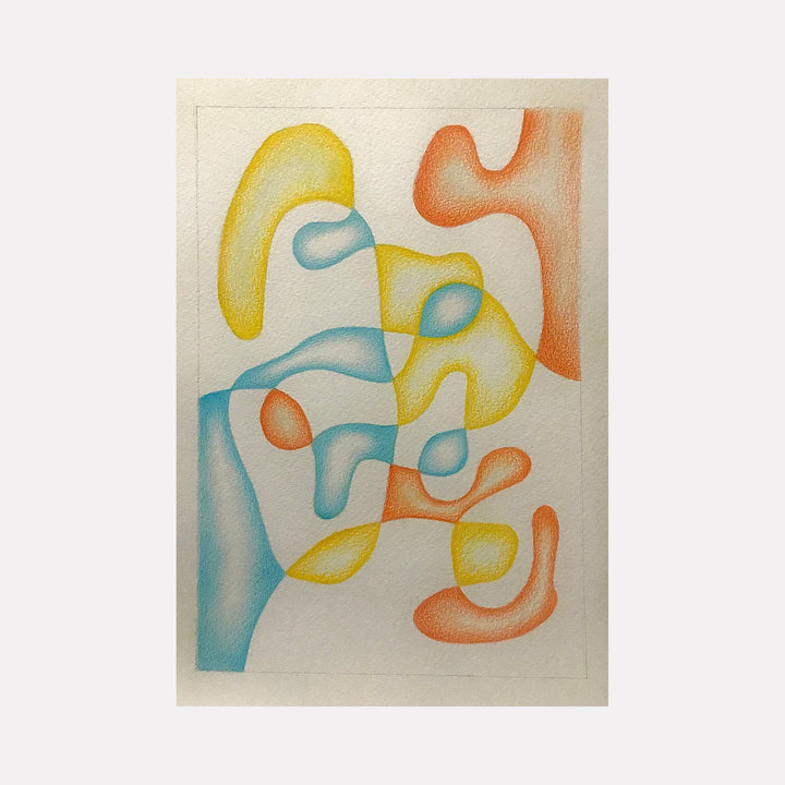The artwork 'The Taught Lesson' by Joe Piscopia features flowing abstract shapes in soft yellow, coral orange, and powder blue hues rendered in color pencil. The organic forms appear to dance across cream-colored paper, creating a harmonious composition of curved lines and fluid movements suggestive of natural elements or musical notes.