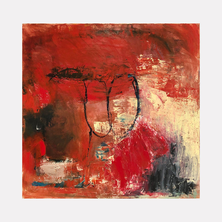 The artwork 'Soul Cage' by Petra Nimtz features an abstract composition dominated by vibrant crimson reds and deep earth tones. A dark curved linear form resembling a cage or vessel emerges from textured layers of paint. The oil on canvas piece showcases expressive brushwork with areas of scraped and blended pigments, creating a dynamic interplay between light and shadow. 36x36 inches.