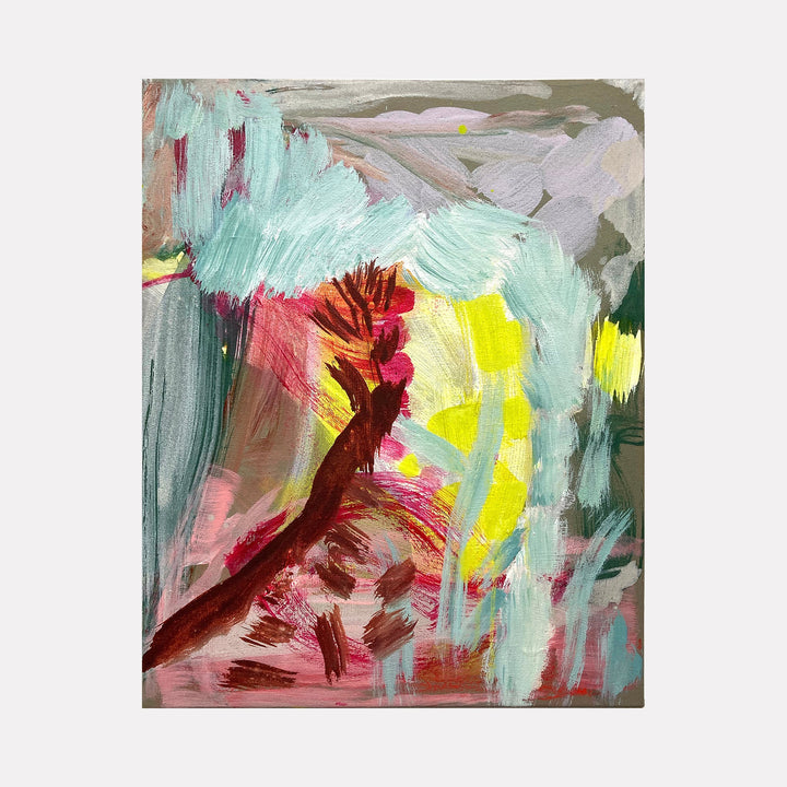 The artwork 'Into The Garden' by Molly Herman features vibrant abstract brushstrokes in mint green, burgundy, and yellow. Dynamic gestural marks create an energetic composition with bold sweeping movements. The oil painting combines soft pastel tones with deep earthy colors, suggesting a natural garden setting through expressive abstract interpretation. Oil on canvas, 20x16 inches by Molly Herman.