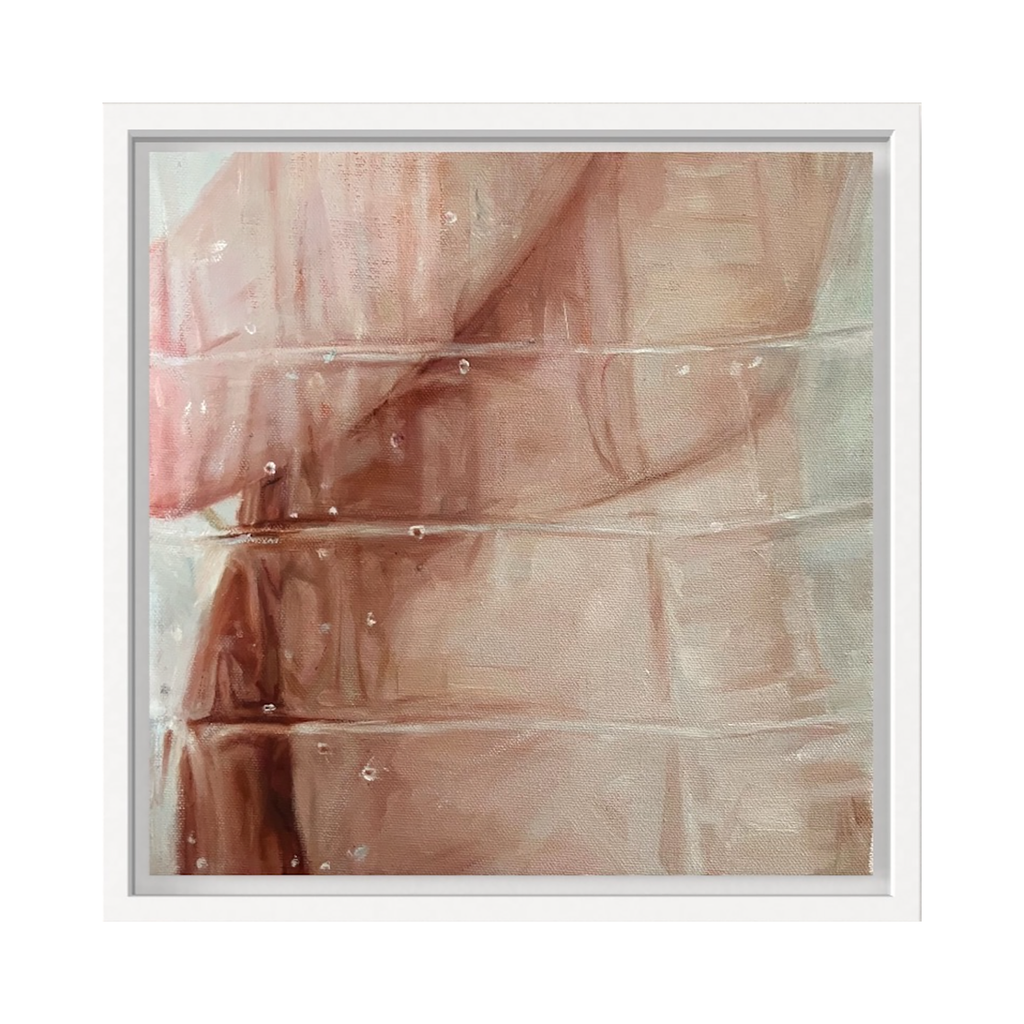 The artwork 'Conceal' by Amy Hughes features delicate layers of translucent fabric in soft pink and beige tones, creating an ethereal abstract composition. The oil painting showcases subtle folds and creases, with a gentle interplay of light and shadow across the textured surface, displayed in a white frame measuring 10x10 inches. By Amy Hughes.