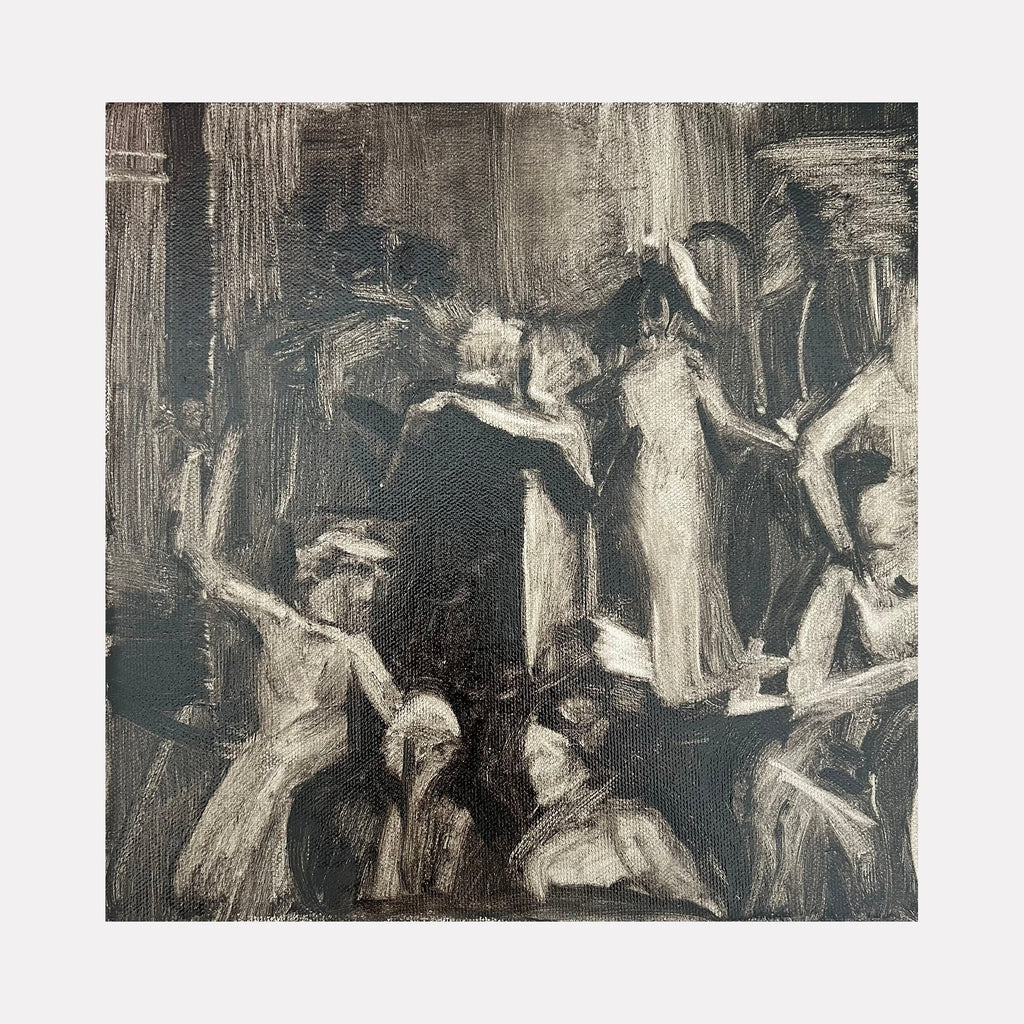 The artwork 'Flutter' by Amy Hughes depicts a dynamic monochromatic composition in oil on canvas, featuring graceful figures in motion against a dark atmospheric background. The painting showcases expressive brushstrokes in shades of black, white, and gray, creating a sense of movement and ethereal energy. The abstract figures appear to be dancing or floating, with dramatic vertical streaks suggesting motion and depth. Created by Amy Hughes