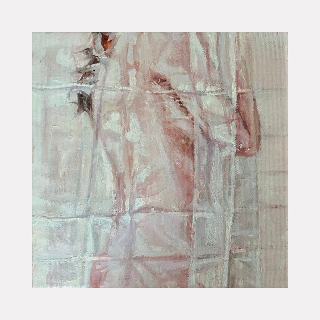 The artwork 'Hidden III' by Amy Hughes features abstract expressionist brushstrokes in soft mint green and dusty rose hues. The oil painting depicts ethereal, vertical streaks creating a translucent, layered effect reminiscent of veiled fabric or mist. The textured canvas reveals subtle interplay between light and shadow with gestural marks and delicate color transitions.