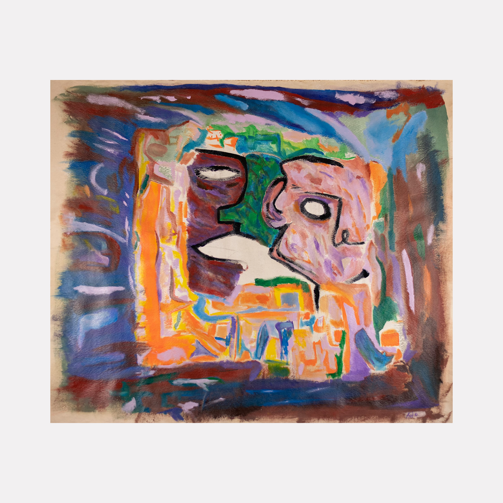 The artwork 'Mirror Mirror' features abstract expressionist shapes in vibrant colors of orange, blue, pink, and green. Two distinct profile-like forms emerge from a dynamic composition, rendered in loose brushstrokes on canvas. The painting combines geometric and organic elements with bold outlines against a multi-colored background, displaying a raw, contemporary aesthetic. By Koi King.