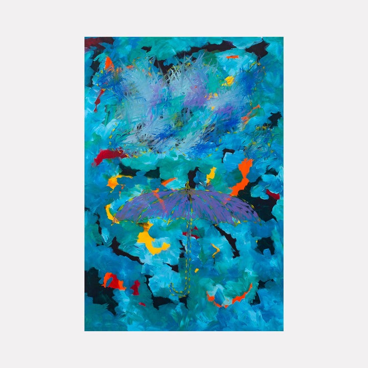 The artwork 'Purple Umbrella' by Aaron Hillebrand features a vibrant abstract composition with a central purple umbrella silhouette against a dynamic turquoise background. Splashes of orange, yellow, and red create movement throughout the canvas, while black organic shapes add depth and contrast. The acrylic painting combines expressionist brushstrokes with fluid color transitions, measuring 56 x 38 inches.