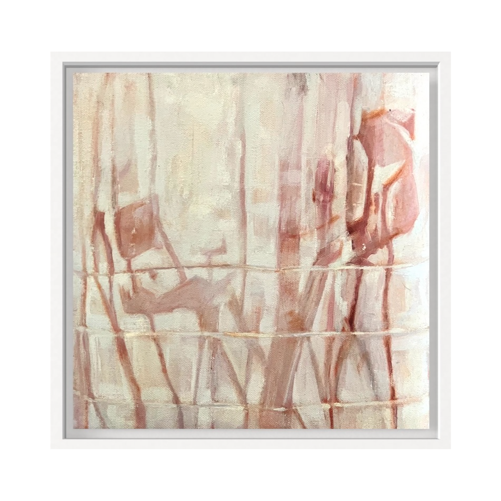 The artwork 'Smear' by Amy Hughes features delicate abstract brushstrokes in soft rose pink and cream tones, creating vertical dripping patterns across a 10x10 inch oil canvas. The composition suggests a gentle waterfall effect with translucent layers and gestural marks flowing downward, embodying a minimalist contemporary aesthetic.