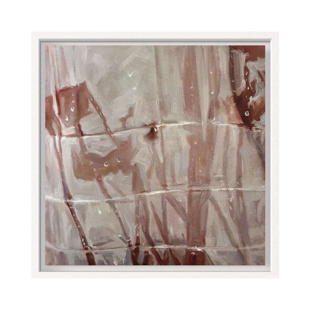 The artwork 'Soma' by Amy Hughes features abstract brushstrokes in muted tones of dusty rose and warm gray, creating a minimalist composition with vertical and horizontal lines. The oil painting showcases a delicate interplay of translucent layers, suggesting movement and depth across the 10x10 inch canvas, executed in a contemporary expressionist style by Amy Hughes.