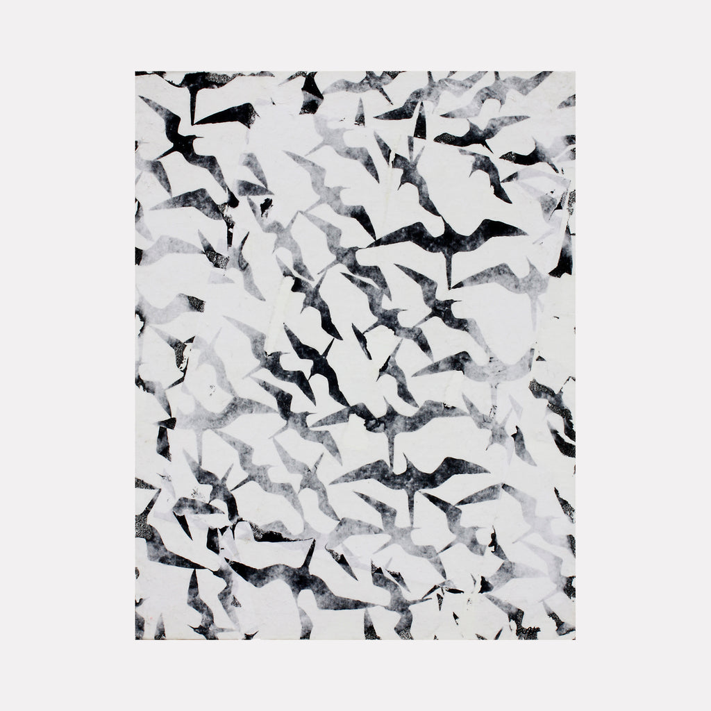 The artwork 'Frigates black and white #2' by Aaron Hillebrand features a dynamic pattern of silhouetted birds in flight against a white background. The monochromatic composition shows scattered frigate birds in various poses, created through acrylic and phototransfer techniques on art board, creating a striking contrast and sense of movement.