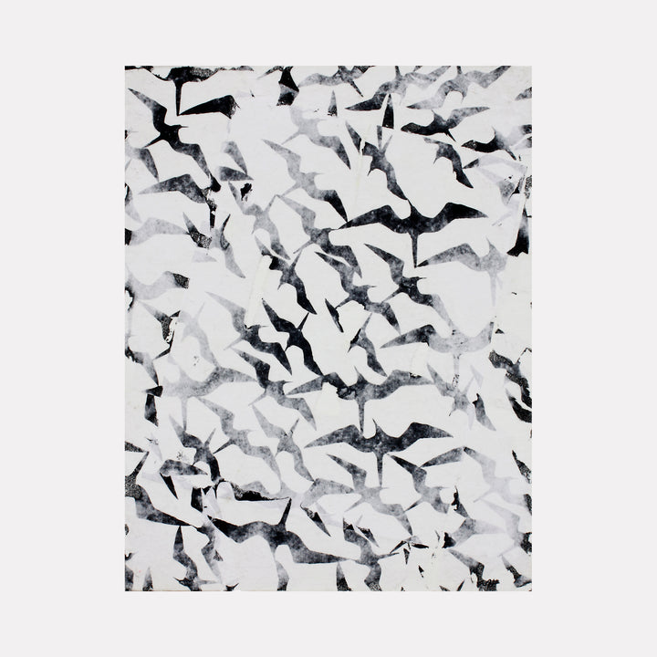The artwork 'Frigates black and white #2' by Aaron Hillebrand features a dynamic pattern of silhouetted birds in flight against a white background. The monochromatic composition shows scattered frigate birds in various poses, created through acrylic and phototransfer techniques on art board, creating a striking contrast and sense of movement.