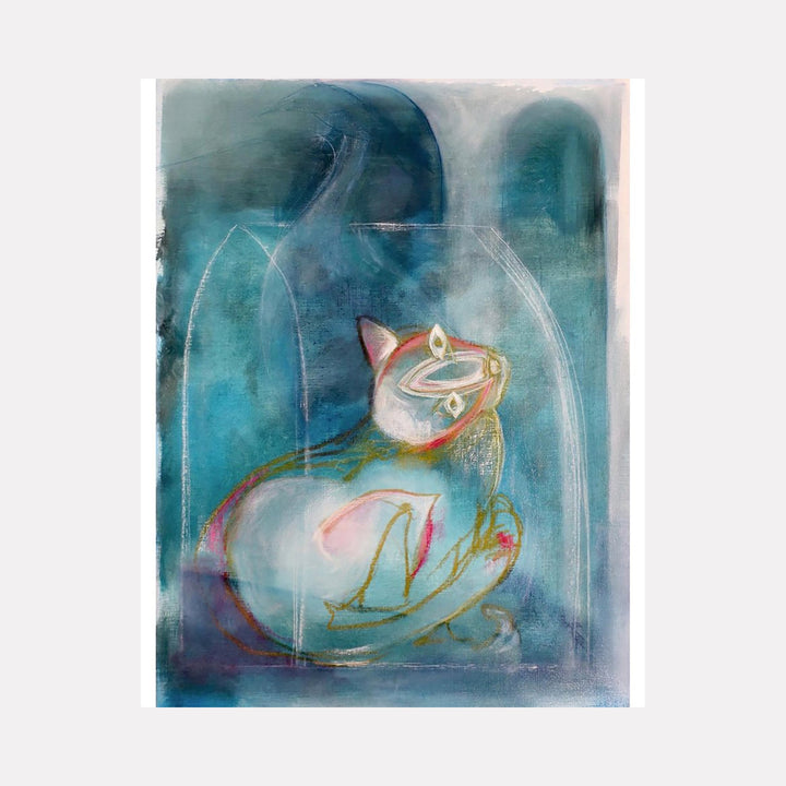The artwork 'I Heard You Looking' by Jane Lawrence features a whimsical cat rendered in ethereal turquoise and white tones. The feline sits in a contemplative pose against a deep teal background with ghostly arched frames. Painted in oil on paper, the artwork combines abstract and figurative elements with flowing brushstrokes and delicate golden details. By Jane Lawrence.