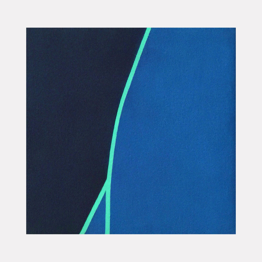 The artwork 'Inception' by Shyun Song features a striking minimalist composition with a luminous turquoise line dividing a deep navy and cobalt blue canvas. The geometric abstract design creates a bold contrast through clean lines and color blocking, painted in oil on 12x12 inch canvas.