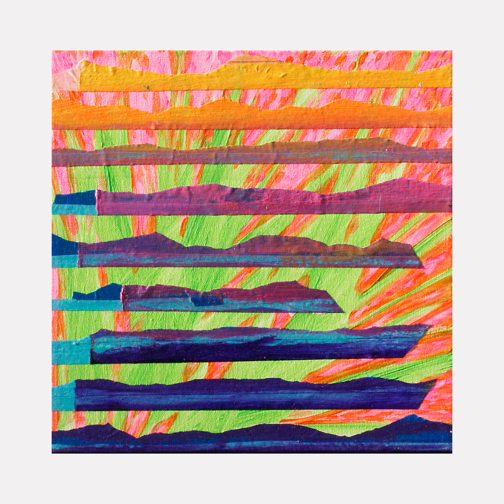 The artwork 'Oaxaca Palm' by Aaron Hillebrand features vibrant horizontal stripes in contrasting colors layered across the canvas. Bold bands of deep purple and turquoise intersect with neon green and coral pink sections, creating a dynamic geometric pattern. The tape technique creates clean lines while acrylic paint adds textural elements, evoking a tropical sunset through a modern abstract lens. Created by Aaron Hillebrand.