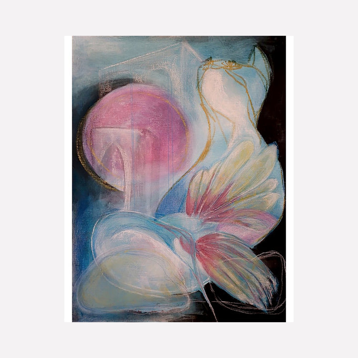 The artwork 'Oh So Quiet' features a dreamy abstract composition with a large pink sphere floating amid ethereal flower-like forms in white and cream. Delicate golden lines accent the flowing shapes against a deep blue-black background, creating a sense of ethereal movement in oil on paper by Jane Lawrence.