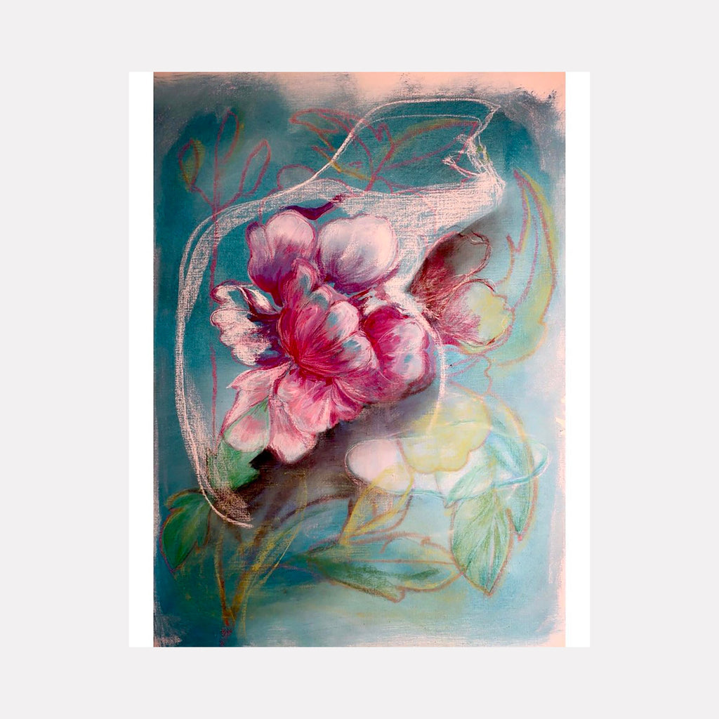 The artwork 'Peony Cat' by Jane Lawrence features a vibrant pink peony bloom against a dreamy teal background. The oil painting showcases delicate brushstrokes creating ethereal movement, with soft white outlines suggesting feline forms intertwined with the floral composition. The artwork blends impressionistic and contemporary styles, with translucent layers creating depth and luminosity on paper. By Jane Lawrence.