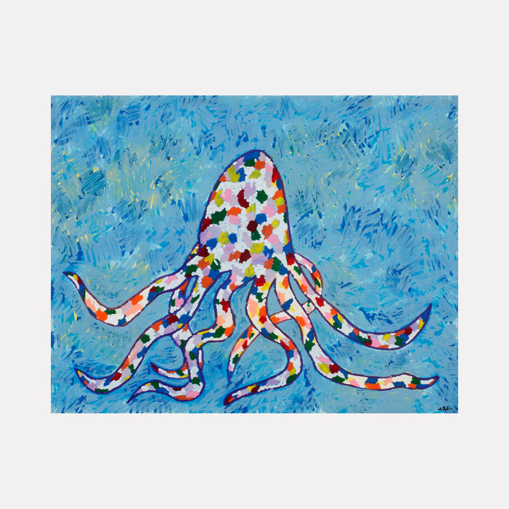 The artwork 'Rainboctopus #2' by Aaron Hillebrand features a vibrant octopus silhouette adorned with multicolored spots and patterns against a textured turquoise blue background. The acrylic painting depicts the octopus with eight flowing tentacles, showcasing a playful, modern artistic style on art board. Created by Aaron Hillebrand.