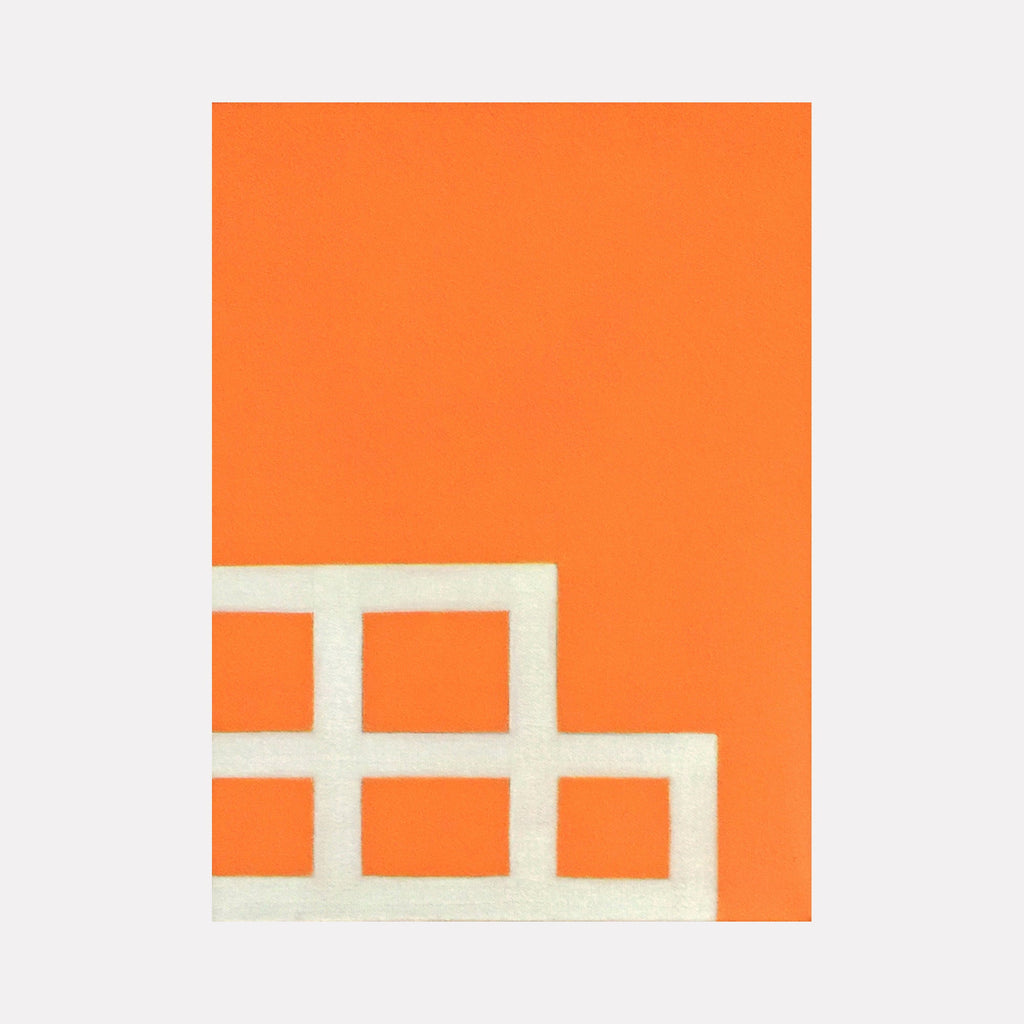 The artwork 'Roots' by Shyun Song features a minimalist geometric composition with white angular L-shaped pattern forming five connected squares against a vibrant orange background. Oil on canvas painting showcases clean lines and sharp contrast, creating a striking abstract architectural form measuring 12x10 inches.