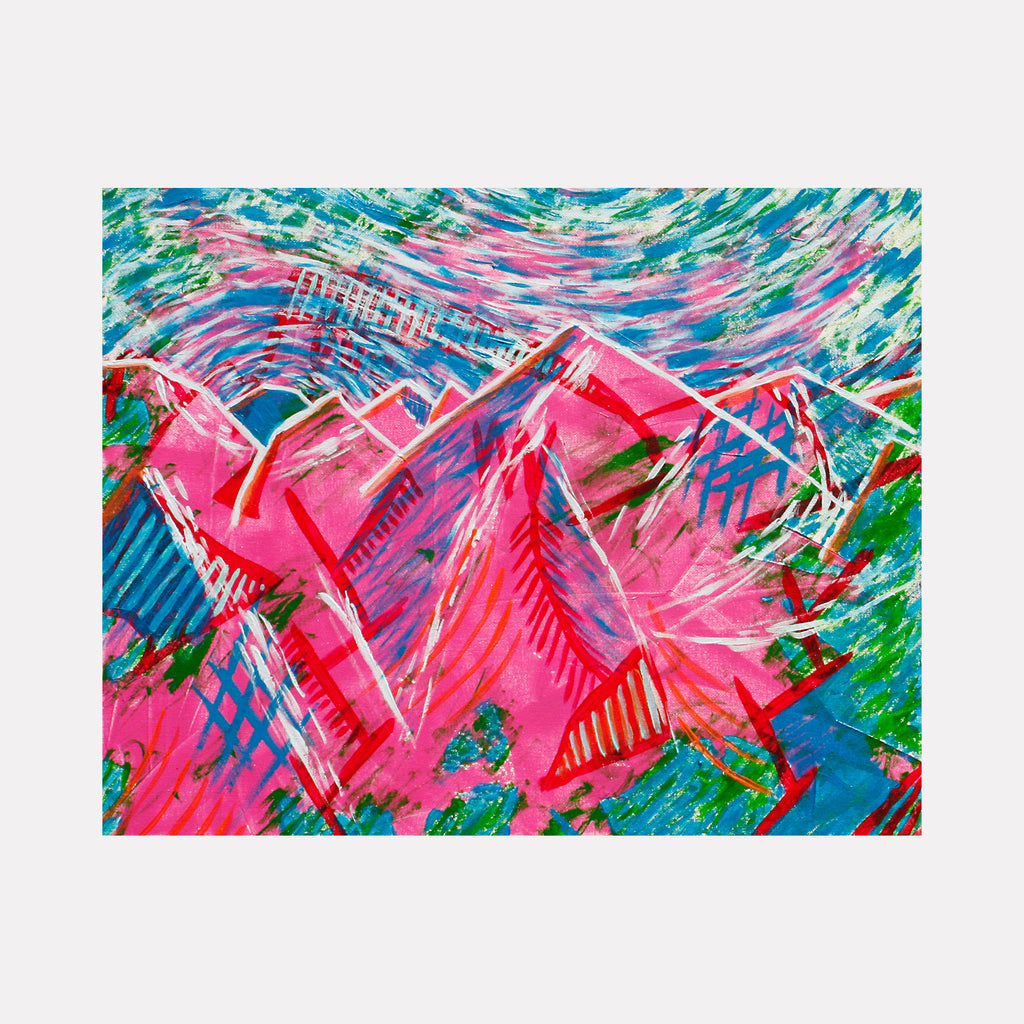 The artwork 'Magenta Cerulean Mountain' by Aaron Hillebrand features vibrant geometric shapes in bold magenta pink contrasting against deep cerulean blue. Dynamic brushstrokes create angular patterns resembling mountain peaks, with textured acrylic paint application featuring sweeping turquoise and emerald accents. The 16x20 canvas showcases an abstract expressionist style with energetic movement.
