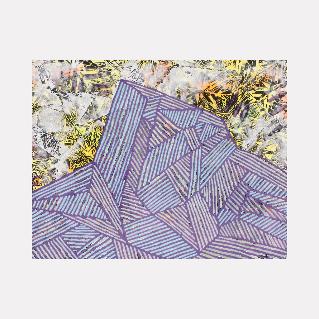 The artwork 'Purple Mountain Yellow Diamond Sky' by Aaron Hillebrand features geometric purple lines forming mountain-like shapes with parallel striped patterns. Mixed media combines acrylic painting and photo transfer, creating textural contrast between structured violet forms and abstract yellow-tinted background on art board. 11x14 inches original artwork.
