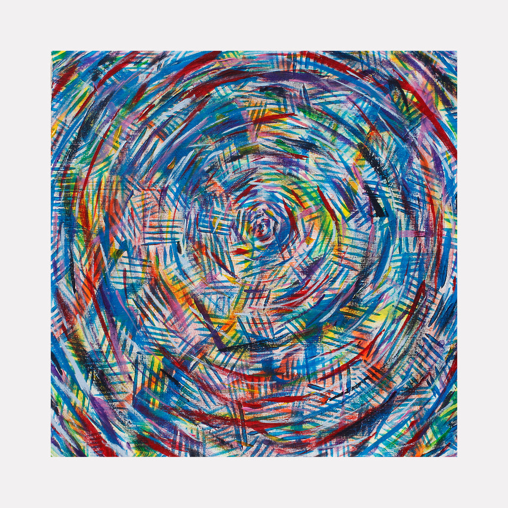 The artwork 'Rainbow Mandala' by Aaron Hillebrand features a vibrant spiral composition in acrylic on canvas. Energetic brushstrokes in blues, reds, yellows, and greens create a dynamic circular pattern radiating from the center. The 25x25 inch painting showcases a mesmerizing kaleidoscopic effect with intersecting lines and bold color transitions that embody the spiritual essence of traditional mandala artwork.