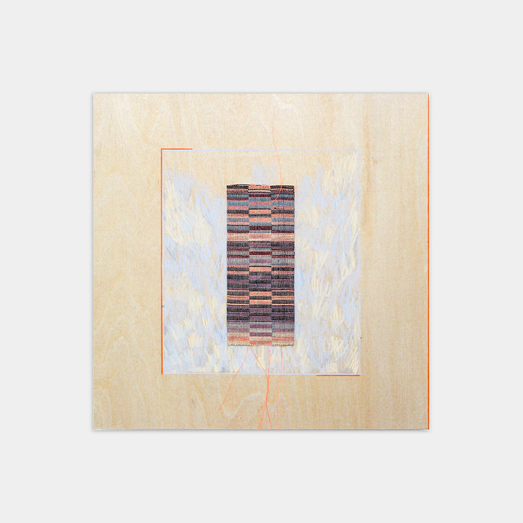 The artwork 'Reflector 2' by Molly Koehn features a geometric composition with a central rectangular pattern in muted earth tones and coral hues, handwoven with stainless steel, linen, silk, and nylon. Set against a creamy white background with subtle textures, the piece showcases intricate horizontal striping and a delicate orange border frame.