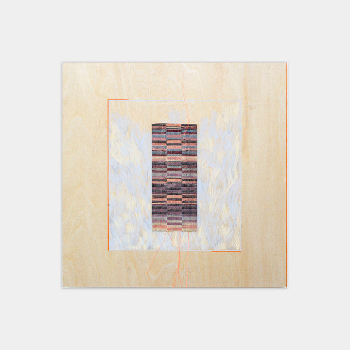 The artwork 'Reflector 2' by Molly Koehn features a geometric composition with a central rectangular pattern in muted earth tones and coral hues, handwoven with stainless steel, linen, silk, and nylon. Set against a creamy white background with subtle textures, the piece showcases intricate horizontal striping and a delicate orange border frame.