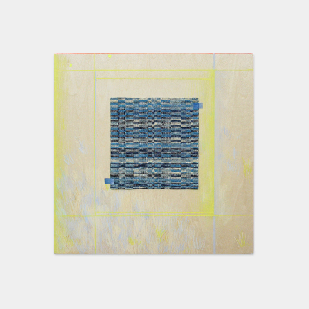 The artwork 'Reflector 3' by Molly Koehn features a geometric pattern of handwoven blue and gray textiles centered on a cream-colored panel with subtle yellow borders. The intricate weaving combines stainless steel, linen, silk, and nylon, creating a mesmerizing checkerboard pattern with varied shades of blue. Colored pencil details enhance the composition.