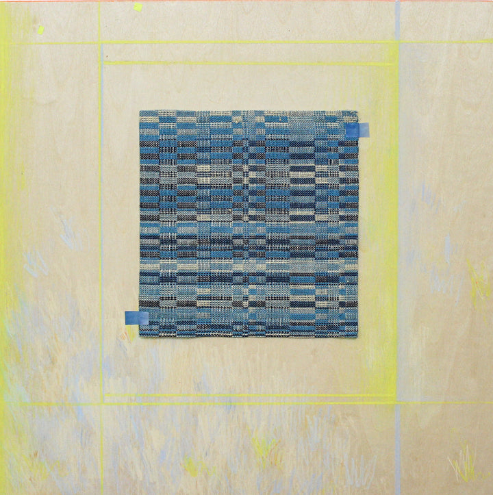 The artwork 'Reflector 3' by Molly Koehn features a geometric square pattern of handwoven blue and metallic threads creating a mosaic-like texture, set against a soft yellow-tinted background. The central weaving showcases varying shades of blue in horizontal bands, with stainless steel elements adding reflective qualities, surrounded by a subtle yellow border.